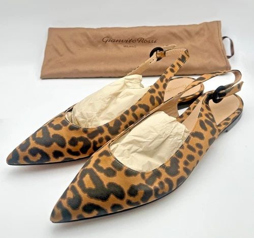 GIANVITO ROSSI MILANO ANIMAL / LEOPARD PRINT BUCKLE BACK FLATS EU 38: Gianvito Rossi Milano Animal / Leopard Print Buckle Back Flats Condition: Like New, some marks and scuffs from being moved around in inventory and tried on. No box or papers, comes with original dust 