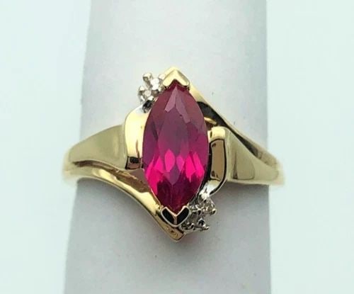 10K GOLD RING, MARQUISE LAB-CREATED RUBY, 0.01CTW DIAMONDS (SIZE 5.5) 2.7 GRAM (1 of 2)