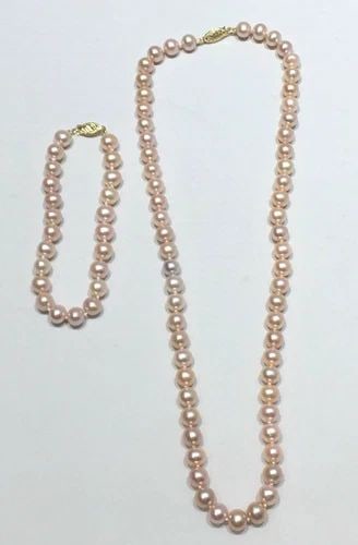 PINK PEARL NECKLACE & BRACELETS SET, WITH 14K CLASPS ( 18" ) ( 7.25" ) (1 of 2)
