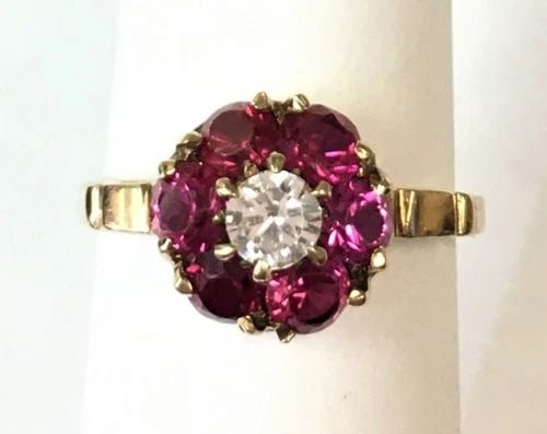 10K YELLOW GOLD RING WITH LAB-CREATED RUBY AND SAPPHIRE (SIZE 5.25) 2.3 GRAM (1 of 2)