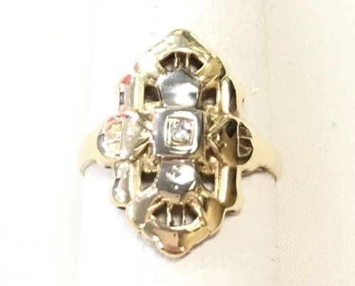 14K GOLD OVAL SHAPED ARTISAN TWO TONE RING WITH DIAMOND (SIZE 5) 2 GRAMS (1 of 2)