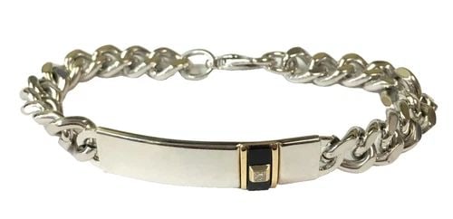 STERLING SILVER ID BRACELET, 0.10CT DIAMOND, ONYX, 14K GOLD TRIM ( 8.5 INCH ) (1 of 2)