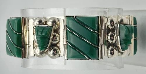 STERLING SILVER LINKED BRACELET WITH GREEN ONYX (7 INCH) 65.5 GRAM (1 of 2)