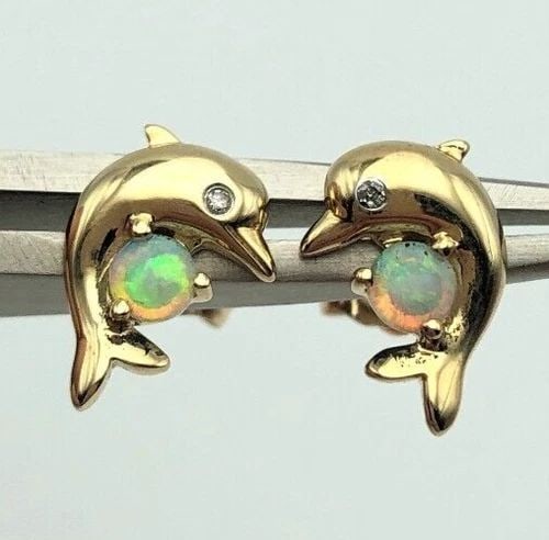 14K GOLD DOLPHIN EARRINGS WITH NATURAL OPALS AND DIAMONDS 1.3 GRAMS (1 of 2)