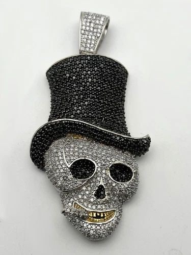 925 SILVER SKULL PENDANT TOP HAT & CIGAR, WHITE/BLACK CUBIC ZIRCONIA 58.2 GRAM (1 of 2)