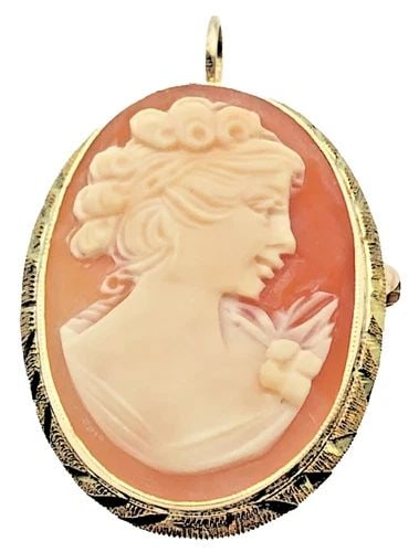 14K GOLD, HAND CARVED VINTAGE CAMEO SHELL BROOCH / PENDANT 3.7G (1 of 2)