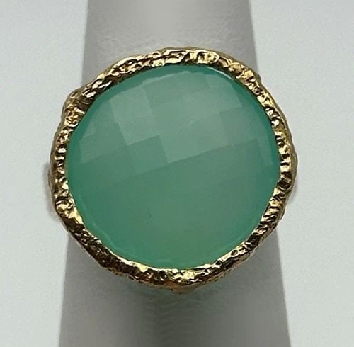 925 SILVER RING, 14K GOLD BEZEL SETTING, 16MM CHRYSOPRASE (SIZE 5.25) 5.7 GRAM (1 of 2)