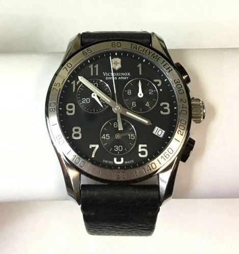 VICTORINOX SWISS ARMY BLACK FACE LEATHER BAND CHRONOGRAPH WATCH MODEL 241403.1 (1 of 2)