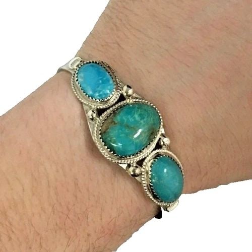 925 STERLING SILVER CUFF / BRACELET WITH NATURAL TURQUOISE STONES (25.2 GRAM) (1 of 2)