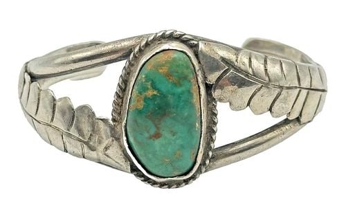 VINTAGE 925 SILVER NAVAJO CUFF BRACELET, GREEN TURQUOISE (6 INCH) 34.3 GRAMS (1 of 2)