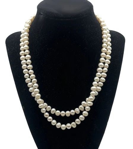 TWO ROW FRESH WATER CULTURED PEARL NECKLACE, 14K GOLD CLASP 17" 18" 58.8G (1 of 2)
