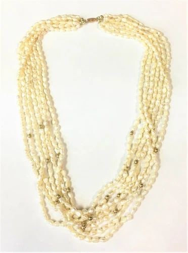 FRESH WATER 7 STRAND PEARL NECKLACE, 14K GOLD CLASP & BEADS ( 20" ) 75.5G: FRESH WATER 7 STRAND PEARL NECKLACE WITH 14K YELLOW GOLD CLASP AND BEADS (20") Fresh Water 7 Strand Pearl Necklace with 14k Yellow Gold Clasp and Beads You are bidding on a Fresh Water 7 Strand Pearl 