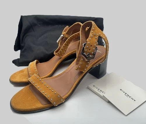 GIVENCHY BROWN RUST SIENNA SUEDE STUDDED BLOCK HEEL OPEN TOE SANDALS 40 EU (1 of 2)