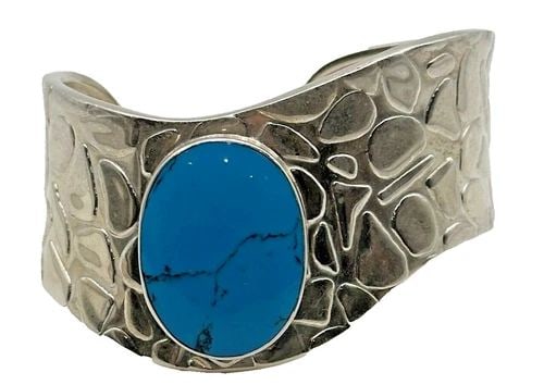 925 SILVER CUFF BRACELET WITH LAB CREATED TURQUOISE MEXICO (6.5 INCH) 33.9 GRAMS (1 of 2)