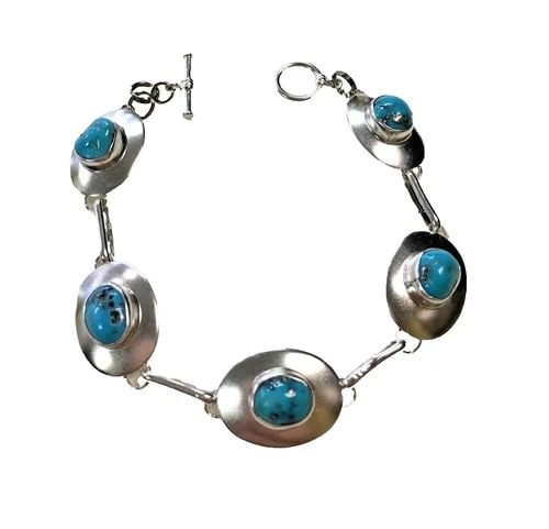 STERLING SILVER BRACELET WITH FIVE TURQUOISE STONES (7.5 INCH) 11.4 GRAMS (1 of 2)
