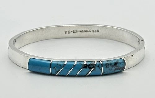 925 STERLING SILVER MEXICO, BANGLE WITH LAB TURQUOISE ( 7 INCH ) 33.9 GRAMS (1 of 2)