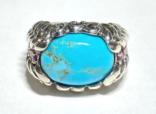 925 STERLING SILVER RING WITH TURQUOISE AND NATURAL RUBIES (SIZE 6.75) 10.5 GRAM (1 of 2)