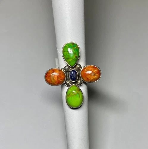 925 SILVER RING WITH GENUINE LAPIS, TURQUOISE AND CORAL (SIZE 6.75): 925 SILVER RING WITH GENUINE LAPIS, TURQUOISE AND CORAL (SIZE 6.75) 925 Silver Ring with Genuine Lapis, Turquoise and Coral (Size 6.75) You are bidding on a new with tags 925 Silver Ring with Genuine 