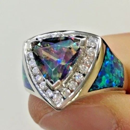 STERLING SILVER RING WITH MYSTIC TOPAZ, CZ, OPAL (SIZE 7) 7 GRAM: CUSTOM STERLING SILVER RING WITH MYSTIC TOPAZ, CZ, OPAL SIZE 7 Custom Sterling Silver Ring with Mystic Topaz, CZ, Opal You are bidding on a Custom Sterling Silver Ring with Mystic Topaz, CZ, Opal. The