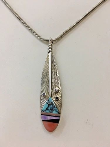 G. WEBSTER STERLING NECKLACE, TURQUOISE AND CORAL PENDANT (18 INCH) 21.3 GRAM (1 of 2)
