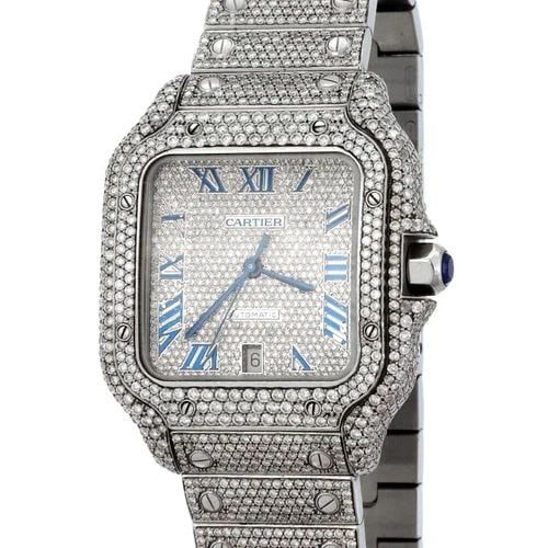 CARTIER SANTOS DIAMOND ICED OUT DIAMOND 20CT DATE AUTOMATIC STEEL LG MEN'S WATCH: CARTIER SANTOS DIAMOND ICED OUT DIAMOND 20CT DATE AUTOMATIC STEEL LG MEN'S WATCH This impressive, eye catching authentic large Cartier watch is from the Santos Collection ICED OUT diamonds. The case a