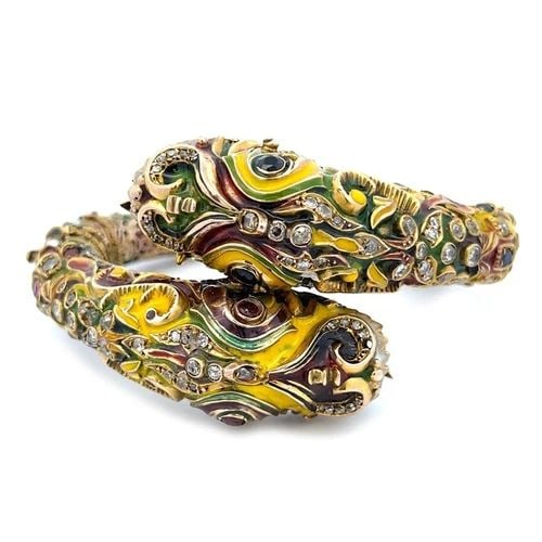DRAGON BYPASS BRACELET OLD MINE CUT DIAMOND GEMS ENAMEL 14K GOLD: DRAGON BYPASS BRACELET OLD MINE CUT DIAMOND GEMS ENAMEL 14K GOLD This is a stunning and intricate design bracelet; it is crafted from 14k yellow gold featuring a double head dragon bangle with multi-c