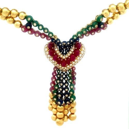 DIAMOND GOLD ESTATE NECKLACE 18K YELLOW GEMSTONE HEART TASSEL PENDANT BEADED: DIAMOND GOLD ESTATE NECKLACE 18K YELLOW GEMSTONE HEART TASSEL PENDANT BEADED This impressive estate necklace is a stunning piece of jewelry featuring a ruby and diamond heart tassel pendant, each bead