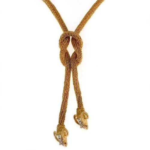 ESDIAMOND RUBY GOLD NECKLACE 2 RAM HEAD PENDANT WEAVE 132G (1 of 2)