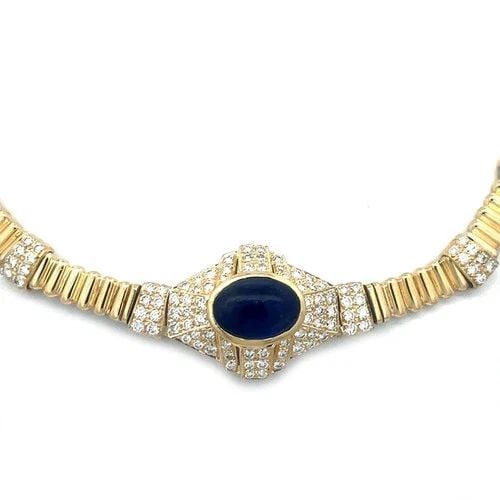SAPPHIRE GOLD COLLAR NECKLACE DIAMOND 18K YELLOW BAR LINK STYLE FRANCE: The is a magnificent collar necklace, it features a long shape centerpiece with a bezel set oval cabochon sapphire gemstone in the center surrounded with sparkling diamond, long rib style bar links ar