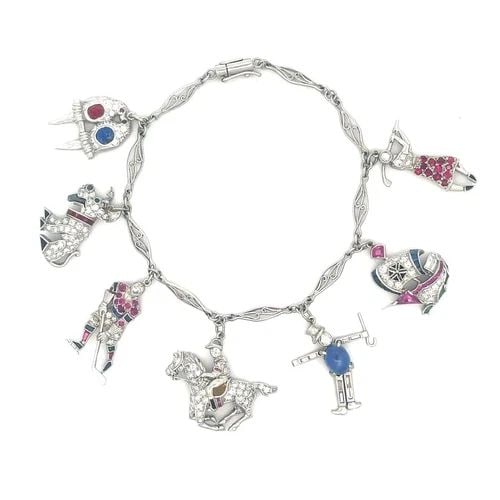 ART DECO PLATINUM BRACELET DIAMOND & GEMS 7 ASSORTED CHARMS (1 of 2)