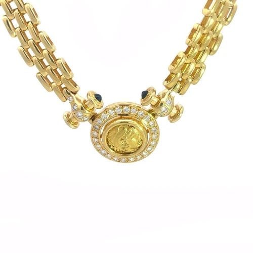DIAMOND SAPPHIRE COIN PENDANT NECKLACE 18K GOLD 5 ROW PANTHER LINK (1 of 2)