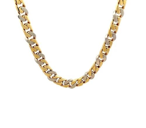 BVLGARI NY GOLD CURB LINK CHAIN 18K TWO TONE FLAT LINKS 78GR 17"L: This classic style authentic chain is by Bvlgari NY. It is crafted from 18k yellow and white gold featuring flat set of 2 yellow gold curb link chain which alternates with a slightly larger white curb