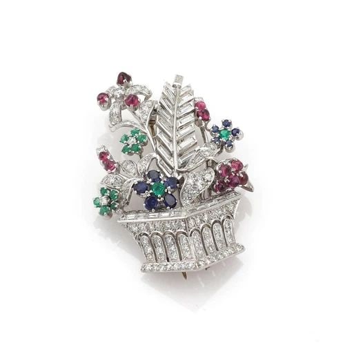 ESTATE 5.71CT DIAMOND & GEMS PLATINUM FLOWER BASKET BROOCH PIN LIQUIDATION! (1 of 2)