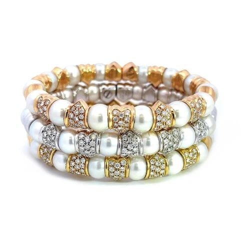 DIAMOND PEARLS 3 CUFF BRACELETS 3.60CT 18K TRI-GOLD FLEX BANGLE ITALY: DIAMOND PEARLS 3 CUFF BRACELETS 3.60CT 18K TRI-GOLD FLEX BANGLE ITALY This gorgeous set of 3 flex cuff bracelets are crafted from 18k rose, white and yellow gold respectively. Each has alternating pea
