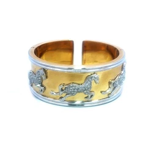 DIAMOND GOLD HORSE CUFF BRACELET 18K TWO TONE PAVE SET WIDE BAND: DIAMOND GOLD HORSE CUFF BRACELET 18K TWO TONE PAVE SET WIDE BAND This is a perfect equestrian bracelet for horse lovers. It is a stunning piece of fine jewelry crafted with 18k yellow and white gold o