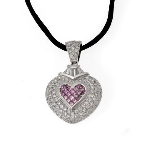 18K WHITE GOLD 8.00CT DIAMOND PINK SAPPHIRE HEART PENDANT CORD LIQUIDATION (1 of 2)