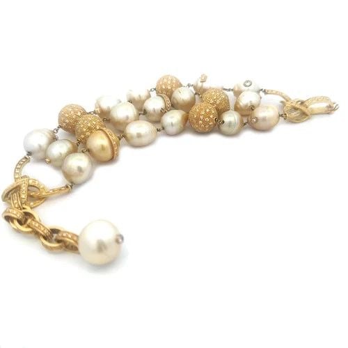 DIAMOND PEARLS GOLD BRACELET 18K YELLOW PAVE SET BALLS INTERLACE MOTIFS (1 of 2)