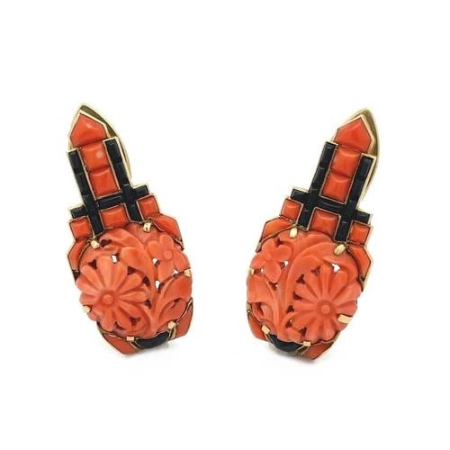 ART DECO CORAL ONYX TIE/COLLAR PIN SET OF 2 18K YELLOW GOLD FLORAL DESIGN (1 of 2)