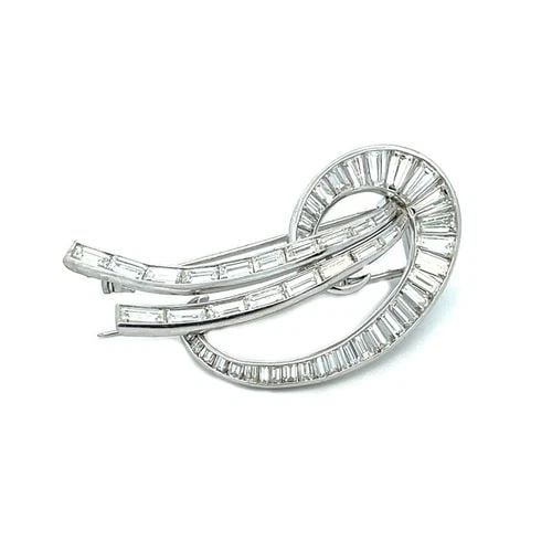 PLATINUM BROOCH 5.5CT BAGUETTE DIAMOND CURVED LOOP & RIBBON STYLE ESTATE (1 of 2)