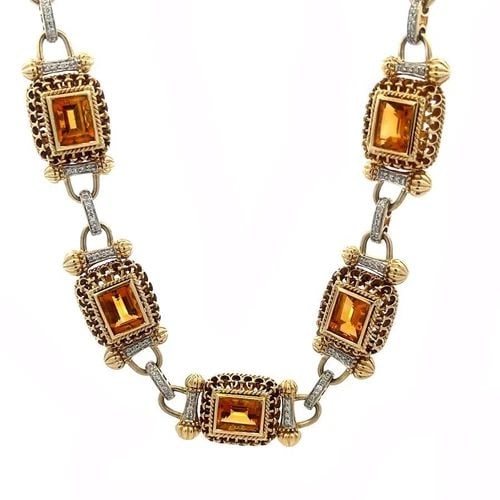 DIAMOND CITRINE 14K NECKLACE STEP CUT RECTANGLE MOTIF HEAVY YELLOW GOLD (1 of 2)