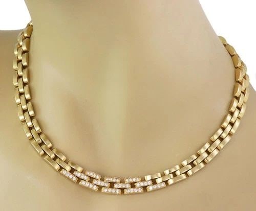 DIAMOND 18K PANTHER NECKLACE 3 ROW S IN HEAVY YELLOW GOLD 83 GRAMS: DIAMOND 18K PANTHER NECKLACE 3 ROW S IN HEAVY YELLOW GOLD 83 GRAMS Estate 1.00ct Diamond 18k Gold 3 Row Panther Link Necklace Description This beautiful necklace is crafted from 18k yellow golf featur