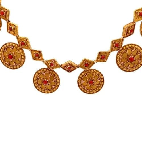 VICTORIAN ETRUSCAN 18K GOLD NECKLACE CORAL MEDALLION SLIDE CHARMS SPIGA CHAIN (1 of 2)