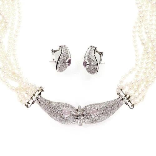 ESTATE 9.50CT DIAMOND GEM 14K GOLD PEARL NECKLACE & EARRING SET LIQUIDATION (1 of 2)