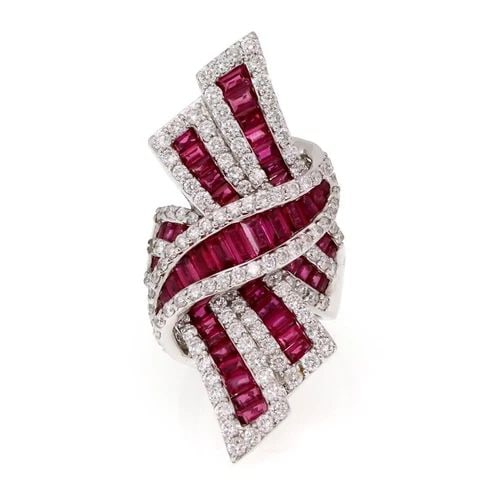 ESTATE 6.00CT DIAMOND RUBY 18K WHITE GOLD LARGE RIBBON BOW RING LIQUIDATION! (1 of 2)
