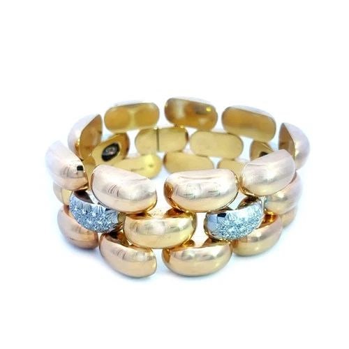 DIAMOND GOLD BRACELET 18K ROSE WHITE 3 ROW BUBBLE LINK STYLE FIMMONE: This eye-catching 18k gold chic bracelet is signed Fimmone is a stunning piece of fine jewelry featuring three rows of high polished rose gold bubble links the center has alternating paves set diamond