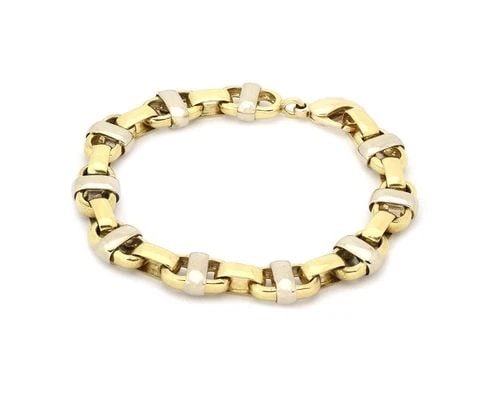 MEN'S 18K TWO TONE GOLD HEFTY MARINER LINK BRACELET 66 GR LIQUIDATION!: MEN'S 18K TWO TONE GOLD HEFTY MARINER LINK BRACELET 66 GR ! Men's 18k Two Tone Gold Hefty Mariner Link Bracelet 66 gr ! Description This is a handsome men's bracelet. It is crafted from 18k yellow and