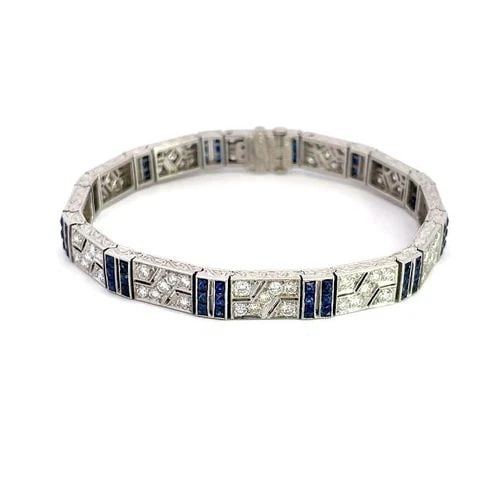 DIAMOND PLATINUM BRACELET RECTANGLE ENGRAVED LINKS ART DECO (1 of 2)