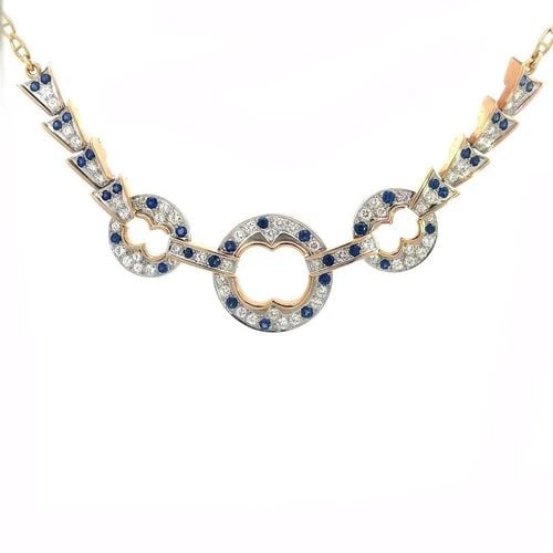 VINTAGE DIAMOND SAPPHIRE NECKLACE 18K 14K GOLD MARINER LINK CHAIN: VINTAGE DIAMOND SAPPHIRE NECKLACE 18K 14K GOLD MARINER LINK CHAIN This stunning vintage centerpiece is 18k rose gold base with 14k white gold top featuring a large circle link in the middle with a sma