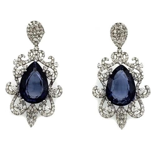 DIAMOND EARRINGS BLUE STONE 18K WHITE GOLD FLORAL DANGLE ESTATE (1 of 2)