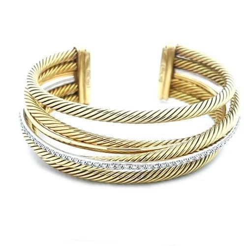 DAVID YURMAN CROSSOVER GOLD CUFF BRACELET DIAMOND 18K CABLE YELLOW WHITE: DAVID YURMAN CROSSOVER GOLD CUFF BRACELET DIAMOND 18K CABLE YELLOW WHITE This is an eye-catching cuff bracelet by David Yurman from the Crossover Collection. The bracelet is a stunning piece of fine j